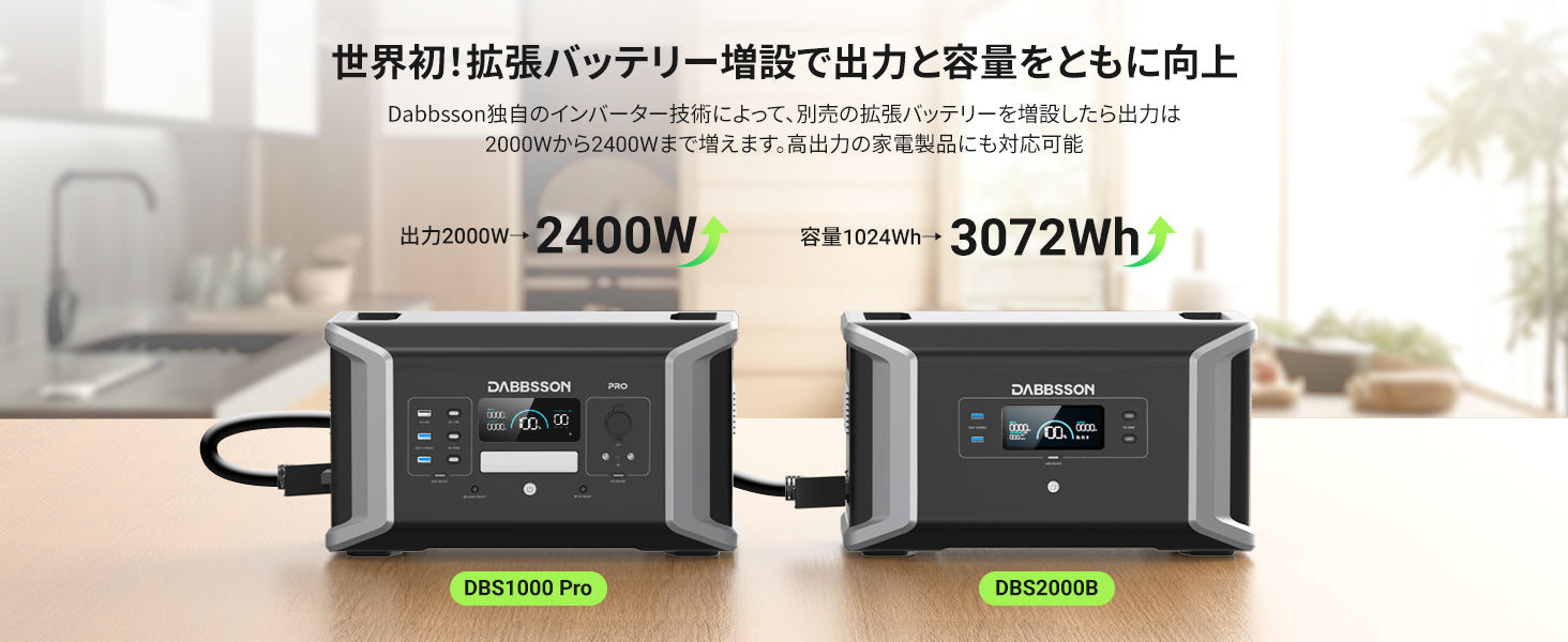 Dabbsson独自のインバ-タ-技術によって、別売の拡張バッテリ-を増設したら出カは2000Wか52400Wまで增えます。高出力の家電製品にも対応可能