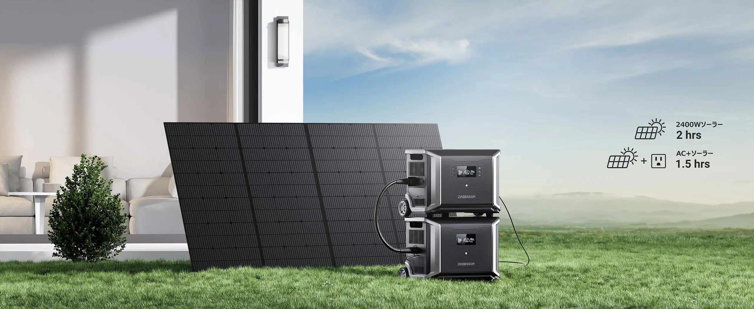 ポータブル電源+太陽光パネル、AC+ソーラー同時的に充電可能  AC+ソーラーを同時的に入力すると、 最大3400Wで1.5時間でフル充電可能