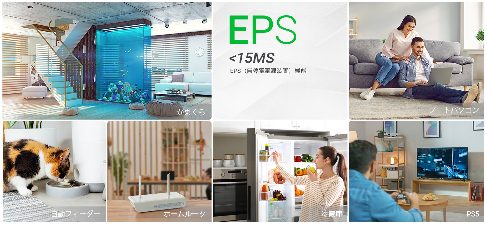 EPS(無停電電源装置)と「パススル-機能」と機能を対応でき、充電中に放電する場合、バッテリ-を介さずにACコンセントから直接に使用する家電べ給電しています。不意の停電時切り替え速度0.015秒(15msec)以内に、ポ-タプル電源からの給電に切り替えます。